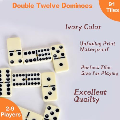 Doublefan Double 12 Dominoes for Adults, 91 Tiles with Prime Wood Case | For 2-8 players,91 Ivory Domino tiles, Metal spinners, portable wood case, family game, board game, Parent Gift choice - style: Double Twelve