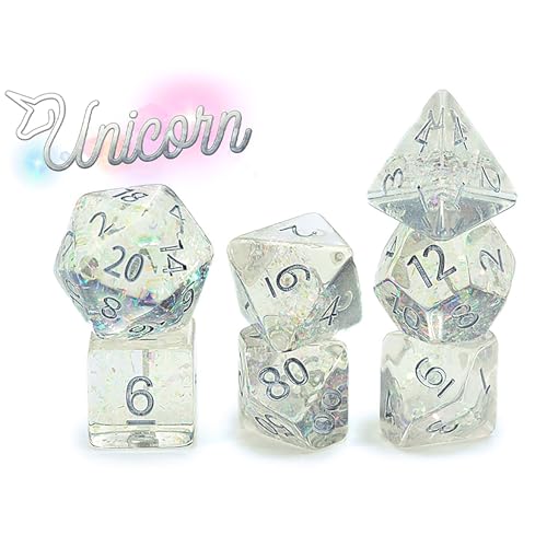 and Dice: Holographic Dice: Unicorn - 7pc Set, Transparent, Holographic Glitter Swirl, 7 Resin Dice for Role Playing Games - style: Unicorn