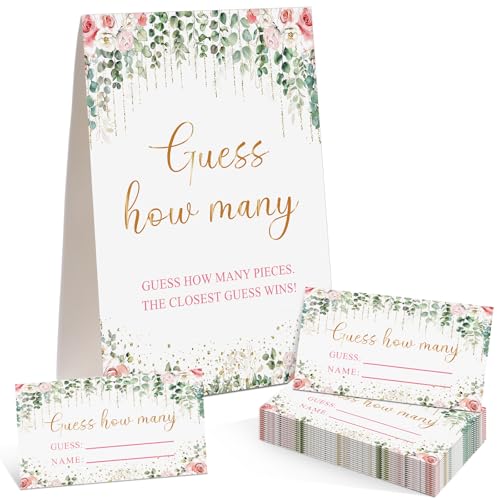 Rose Eucalyptus Guess How Many Baby Shower Game Pack of 1 Tabletop Sign with Stand and 50 How Many Cards, Blush Floral Gender Reveal Party Game Decorations - style: Rose Eucalyptus