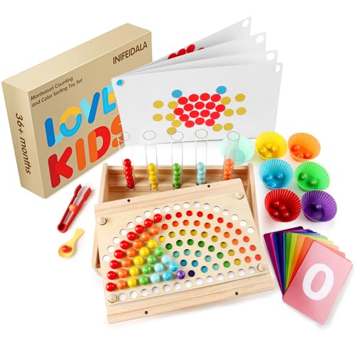 INIFEIDALA Montessori Wooden Educational Toys for 3-6 Year Olds | Counting & Color Sorting Toys with Tweezer Tongs,Preschool Learning Activities,STEM Math Manipulatives,Fine Motor Skills Toys - style: Number Matching