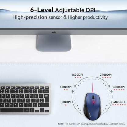 TECKNET 2.4G Wireless Mouse, 4800 DPI Ergonomic Computer Mouse, USB, Blue | Mouse for Laptop with USB Receiver, 6 Adjustable DPI, Quiet Click, 30-Month Battery, 6 Button, Portable for PC Chromebook Mac - color: Blue