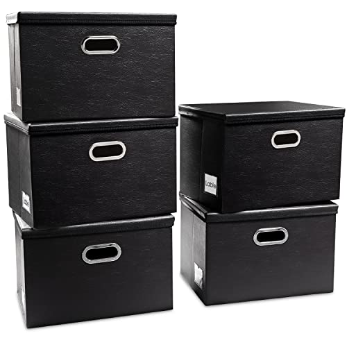 PRANDOM Large Stackable Storage Boxes with Lids [5-Pack] Leather Fabric Foldable Storage Bins Organizer Containers Baskets Cubes with Cover for Bedroom Closet Office Nursery Black(17.7x11.8x11.8) - color: Black, size: Large(5-Pack)