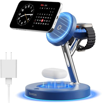 【Adjustable Blue Ambient Light】 Wireless Charger 3 in 1 for iPhone, Magnetic Charging Station for Apple Family,15W Fast MagSafe Charger Stand,for iPhone17-12-iWatch AirPods Series - color: Blue