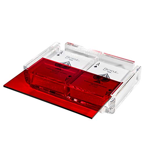 Modern Elegant Playing Card Deck Holder Tray with 2 Decks of Playing Cards in Unique Stylish Deluxe Acrylic Box with Color lid (Red) - color: Red
