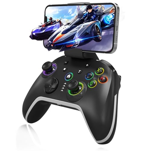 Bluetooth Controller Compatible with iPhone MFI/Android HID/Switch/Apple Arcade Games/Mac/Laptop/Steam Wireless Game Controller, Wired PC Control with Phone Clip RGB Lightning Turbo Vibration 6-Axis Gyro - color: Black-02