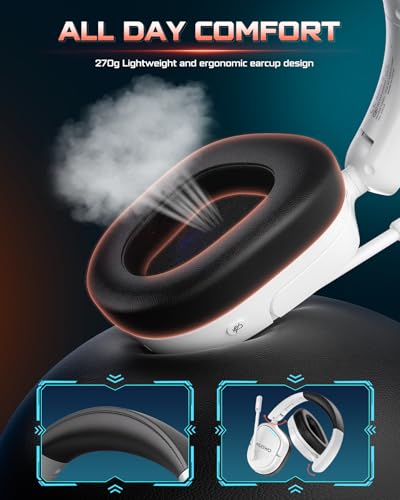 NUBWO 2.4GHz Wireless Gaming Headset for PS5, PS4, PC, Laptop, Mac, 7.1 Surround Sound, Noise Canceling Mic, 20ms Low-Latency, 80Hr Battery, Lightweight & Foldable Bluetooth Gaming Headphones-White - color: White/Black