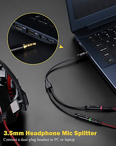 Headphone Splitter Cable TRRS 3.5mm 2 Female 1 Male Aux Splitter 30cm | Nylon Braided Cord, Gold Plated, Separate Audio and Mic, For 3.5mm PC Laptop Phone PS4 Xbox 1 Switch 2/PS4/PS5/Steam Deck - size: 0.65FT