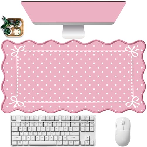 Pink Scalloped Desk Mat Polka Dot Mouse Pad Cottagecore Aesthetic Desk Pad Mat Dots Large Gaming Mousepad Bow Computer Keyboard Mouse Mat Cute Cozy Kawaii Desk Decor Women Office 31.5"x15.7" - color: Pink White Dots