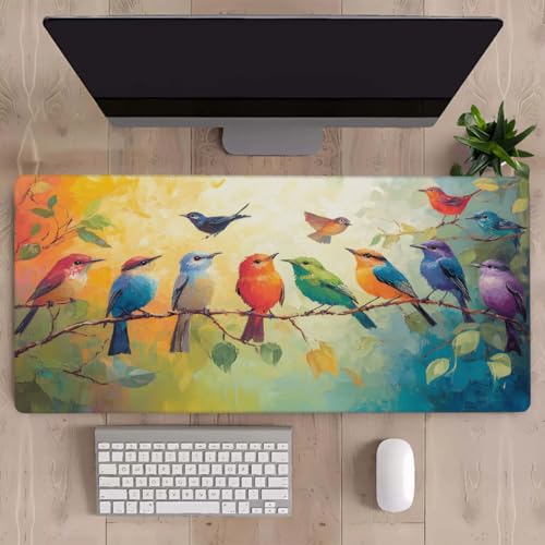 Colorful Bird Oil Painting Gaming Mouse Pad, with Stitched Edges, Rubber Base Keyboard and Mouse pad Desk Mat Non-Slip Waterproof Protector Writing Pad for Work Game Office Home 15.7x35.4in-8 - color: B 002, size: X-Large