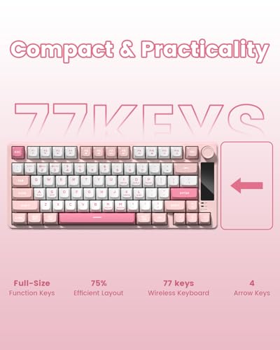 Womier DK75 75% Wireless Gaming Keyboard, RGB Backlit Creamy Keyboard with Media Knob, OLED Screen, Tri-Mode 2.4GHz/USB-C/BT5.0, Anti-Ghosting No-Conflict Silent Membrane Keyboard for MAC Windows - color: Pink