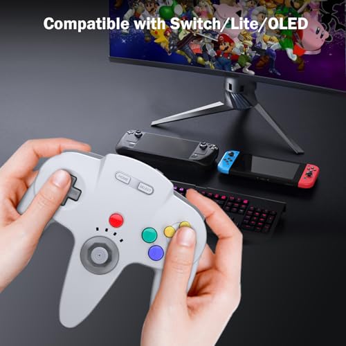 KIWITATA Wireless N64 Controller for Switch 1/Switch 2, 2.4GHZ N64 Remote Joystick Wireless Controller Compatible with N64 Original Console, Raspberry Pi, IOS, PC Windows 7,8,10,11 Gray - color: gray