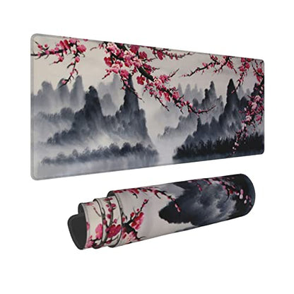Japanese Sakura Watercolor Painting Extended Mouse Pad 31.5x11.8 Inch Cherry Blossom Flower Non-Slip Rubber Base Mousepad Stitched Edges Keyboard Mouse Mat with Stitched Edges for Gaming and Office - color: Cherry Blossom 2