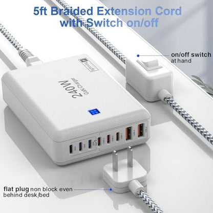 USB C Charger Block 240W, 8-Port Charging Station for iPhone/Ipad/MacBook, 6C2A PD GaN Charger Box, USB Tower Hub with Flat Plug, Travel Essentials - color: Flat Charger 240W White