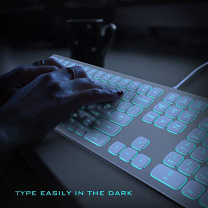 POWZAN Aluminum Quiet Wired Keyboard Backlit- Slim Chiclet Key Compatible with Apple iMac, MacBook, Mac and PC, USB Keyboard Numeric Keypad RGB Lighted Key - Silver White - color: KB770-Silver White