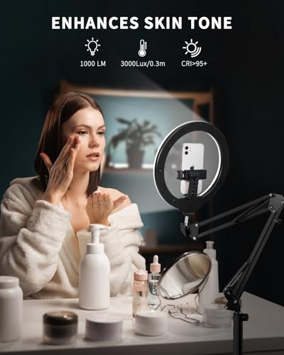 10" Ring Light Tripod for iPhone Overhead Phone Mount Holder, Flexible Ring Light with Stand - LED CRI >95 & Adjustable 70" Height, Phone Stand for Recording Video Camera Selfie Vlog TikTok YouTube - size: 10 inches