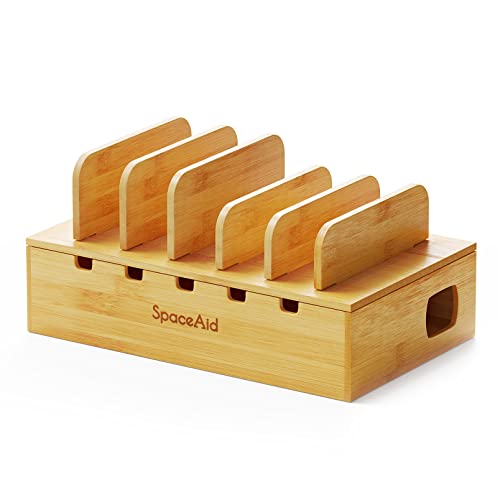 SpaceAid Bamboo Charging Station for Multiple Devices, Cell Phone Docking Stations for Multi Laptop, Tablets and iPads, Nightstand Bedside Desk Device Charger Organizer (Natural) - color: Natural