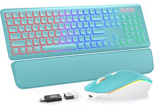 Wireless Keyboard and Mouse Combo, RGB Backlit, Rechargeable & Light Up Letters, Full-Size, Soft Typing, Sleep Mode, 2.4GHz Quiet Keyboard Set for Mac, Windows, Laptop, PC, Trueque KM42Pro - color: Robin Egg Blue