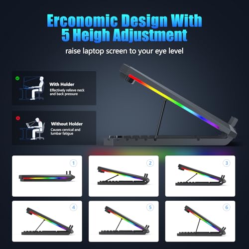 Laptop Cooling Pad with 12 Quiet Fans, Slim Portable for 12-17.3 Inch Laptop Cooler Stand, RGB Lighting, with 5 Height Adjustable, Gaming Cooling Fan Pad,Two USB Ports, Phone Holder (LCD) - size: 12Fan-LCD