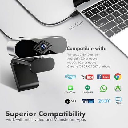 1080P HD Webcam with Microphone, Noise Cancellation, Privacy Cover, Wide-Angle Lens, Auto Light Correction, Plug & Play USB Webcam for Laptop, Desktop, PC, Mac, Zoom, Skype, Streaming (Black)