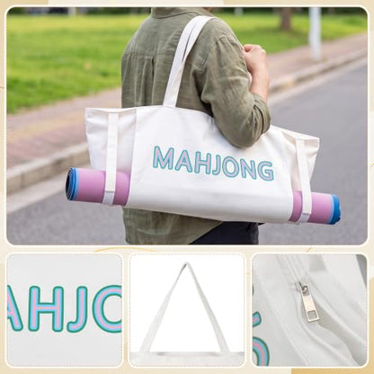 Abbylike 28x9 Inches Mahjong Bag for Rolled Mat Tiles Racks Pushers Accessories Empty Mahjong Tote Bag with Zipper Closure Outer Pockets Lining Large Capacity(Natural White,Canvas) - color: Natural White