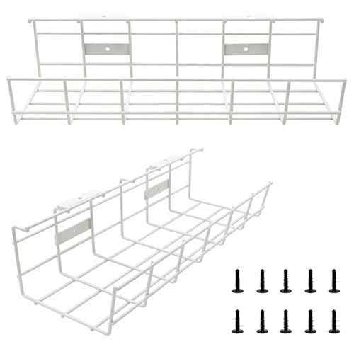 Under Desk Cable Tray - 2 Pack Cable Raceway for Wire Management. Metal Wire Organizer for Office, Studio and Home. Super Sturdy Cord Organizer for Desk - White Cable Management Under Desks - color: White*2Pack