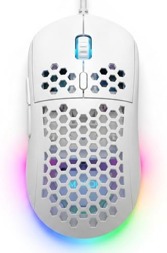 MR.FOX M1 Ultralight Honeycomb Gaming Mouse Wired, 75g Lightweight, 12,800 DPI Optical Sensor, RGB Lighting with Music Sync, 6 Programmable Buttons, Braided Cable, Gaming Mouse for PC/Mac, White - color: White