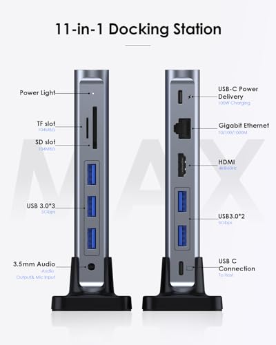 LENTION USB C Docking Staion 4K@60Hz, Ethernet, 5xUSB 3.0, 100W PD, Audio | 11 in 1 Dock, 3.3ft Long Cable, Card Readers, Detachable Design, No Driver, Compatible with macOS, Windows & ChromeOS (D54) - color: Space Gray