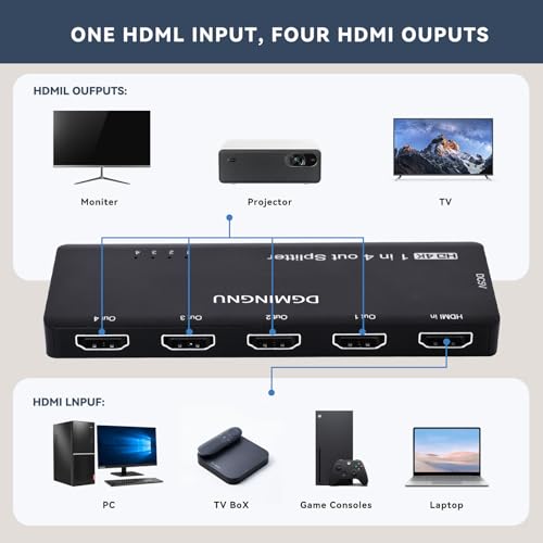4K HDMI Splitter 1x4 - Ultra HD 1 Input 4 Output Powered HDMI Duplicator/Splitter, Mirror One Screen to Four TVs or Monitors Simultaneously | Plug & Play for Business & Home(4K 1x4)