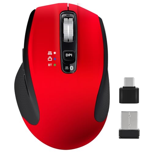 Wireless Bluetooth Mouse with USB-A, USB-C Receiver, Rechargeable, 3-Device, Full-Size, Silent Click, Ergonomic Mice for MacBook/Laptop/Computer/Tablet/PC/iPad-Red - color: Red