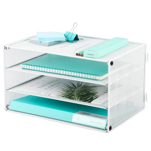 3 Tier Mesh Desk Organizer Tray, Desktop Mail File Paper Letter Folder Holder Sorter Organization Rack Storage Accessories for Office Home School Classroom, White - color: 3 Tier White