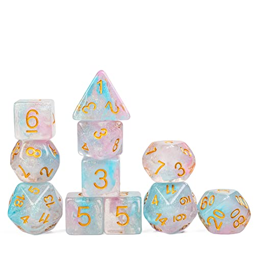 UDIXI 11-Pieces DND Dice Set D&D Polyhedral Dice Iridecent Swirls for RPG | Pink & Cyan Colors, Gold Number, Velvet Dice Bag Packaging, for Dungeons and Dragons Role Playing Games and Tabletop Games - color: 11 Piece Pink Cyan Glitter Dice