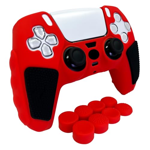 Anti-Slip Red PS5 Controller Skin,Soft Thicken Studded Protective Silicone Cover Skin Grips Compatible with PS5/Slim/Pro Controller and 8 PCS Thumb Grips Caps. - color: Red&Black