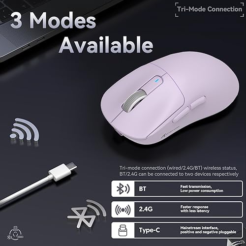 ATTACK SHARK X3 Wireless Gaming Mouse, 49g Ergonomic Computer Mouse, Triple Modes PAW3395 26K DPI Optical Sensor, 200h Battery Life, Programmable Buttons, Gaming Accessories for PC/Laptop/Mac (Purple) - color: Lavender