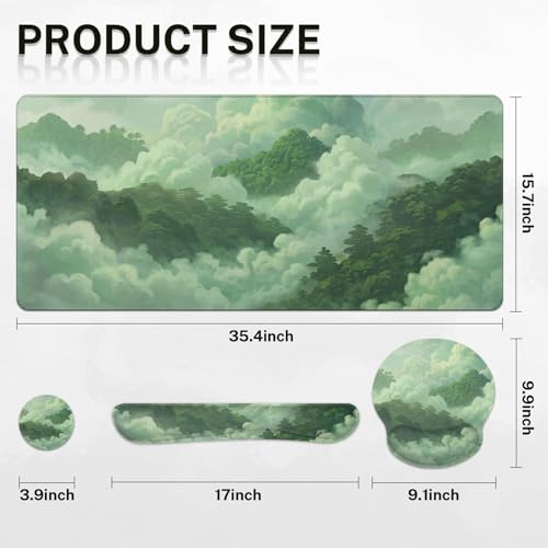 Britimes Green Cloud Keyboard Mouse Pad Set Forest Mountain Aesthetic 4in1 Large Mousepad+Keyboard Wrist Rest+Mouse Wrist Rest+Coaster Ergonomic Design for Home Office Computer 35.4x15.7 inches - color: Cat at the Window