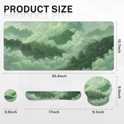 Britimes Green Cloud Keyboard Mouse Pad Set Forest Mountain Aesthetic 4in1 Large Mousepad+Keyboard Wrist Rest+Mouse Wrist Rest+Coaster Ergonomic Design for Home Office Computer 35.4x15.7 inches - color: Cat at the Window