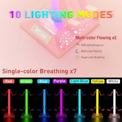 VCOM RGB Gaming Headphones Stand with 2 USB Ports, Pink Headset Stand with 10 Light Modes and Non-Slip Rubber, Suitable for PC Desk Accessories Gamers Gift(Pink)