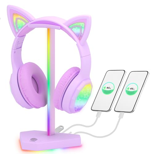 RGB Headphones Stand with 1 USB-C Data Transmission& 3 Type-C Charging Port, Desk Gaming Headset Holder with 7 Light Modes and Non-Slip Rubber Base (Purple) - color: Purple