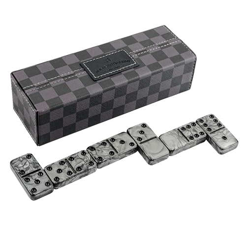 Dominos Set for Adluts - Double 6 Jumbo Domino Set - 28 Thick Marbleized Black and Gray Tiles - Dominoes Set for Adults and Kids, Classic Board Game for Family Nights & Travel (Black & Grey Case) - color: Gray