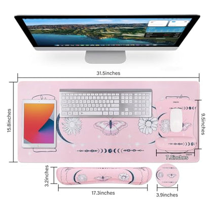 MEGREZ 4-in-1 Mouse Pad with Wrist Rest Ergonomic Memory Foam Desk Mat Set | ergonomic, anti-slip base, 4pcs set, desk pad, mouse wrist rest, keyboard rest, coaster, ideal for office & gaming - color: Cherry Blossom Pink