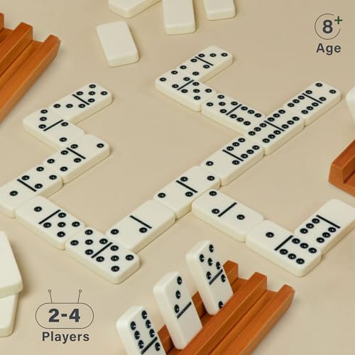 Queensell Dominos Set for Adults with 4 Domino Racks - Double 6 Dominoes Set with Domino Holder, Classic Board Games for Kids and Adults - Double Six Standard Dominos Set 28 Tiles with Travel Case - style: D6 + 4 Holders