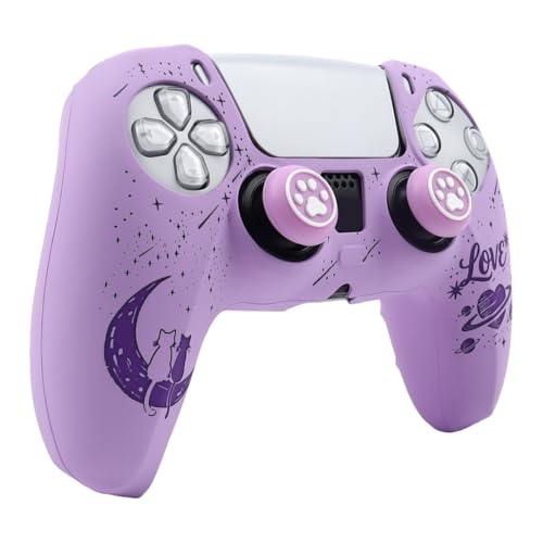 Moonlit Cats with a Loving Heart Controller Skin Compatible with PS5/Playstation 5 Controller, RALAN Protector Case Cover Customised Thumb Grip - color: MCats Purple