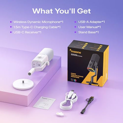 MAONO PD100W Wireless USB Dynamic Microphone, Gaming PC Mic with One-Click Noise Reduction,Mute Button,Custom RGB,3.5mm Headphone Jack,Software, Podcast Streaming Mic (Desktop(USB-C Receiver), White) - color: White