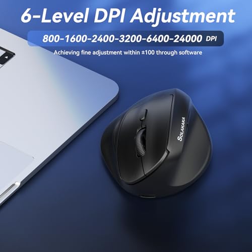 SOLAKAKA SM520 Ergonomic Wireless Mouse with 24,000 DPI, Black | BT5.0/2.4GHz/USB-C, Comfortable Vertical Design, Rechargeable Battery, Programmable Side Button, for Desktop, PC, Laptop - color: black
