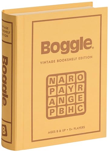 WS Game Company Boggle Vintage Bookshelf Edition Classic Tabletop Word Game | Linen-Wrapped Book Box, Translucent Dome, Sand Timer, Integrated Storage, Retro Design, 2-6 Players, Adults and Kids 8 and Up
