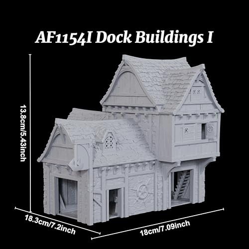 AUSPDICE DND Terrain 25mm 3피스 도크 빌딩, 도색되지 않은 TTRPG 풍경 | 1:64 스케일 멀티 레벨 하버 하우스, 탈착식 지붕 섹션과 던전 앤 드래곤을 위한 디테일한 내부 - AF1154I - color: Af1154i Dock Buildings I
