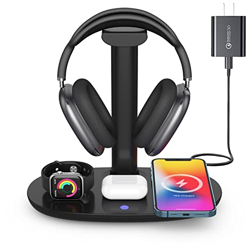 Headphone Stand with 15w Wireless Charger, Suguder 4 in 1 Charging Station Headset Holder for AirPods Max/Pro/4/3/2 iWatch 10/9/8/7/6/5/4/3/2/1/SE iPhone 17/16/15/14/13/12/11/X for Desktop Table Game - color: Black