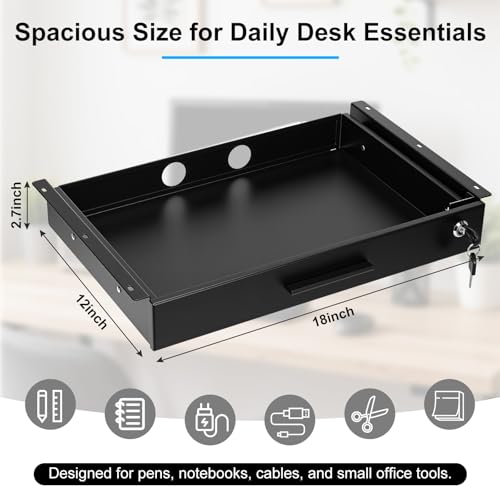 Menkxi 18'' x 12'' Under Desk Drawer Slide Out Storage Organizer, Lockable Metal Desk Drawer for Laptop and Office Accessories, Large Hidden Under Table Storage Box with Cable Management, Black - size: 18'' x 12''