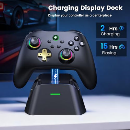 Wireless PC Gaming Controller - Hall Effect Joystick - No Drift, 2.4G & Wired 1000Hz Polling Rate, Remappable Buttons, Turbo & Vibration, Bluetooth Gamepad for PC/Switch/iOS/Android with Charging Dock - color: Black