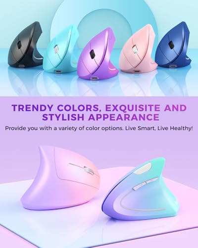Lekvey Ergonomic Mouse, Wireless Vertical Mouse Rechargeable 2.4 GHz Optical Carpal Tunnel Mice : 800/1200 / 1600 DPI, 6 Buttons, for Laptop, PC, Mac, Computer, Desktop, Notebook etc, Purple - color: Purple