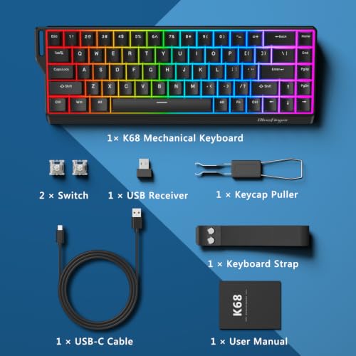 BlueFinger 60% Wireless Mechanical Gaming Keyboard, Bluetooth/2.4G/USB-C Hot Swappable RGB Backlit Keyboard with Side-Printed PBT Keycaps, for MAC Xbox PC PS5 (Black) - color: Black